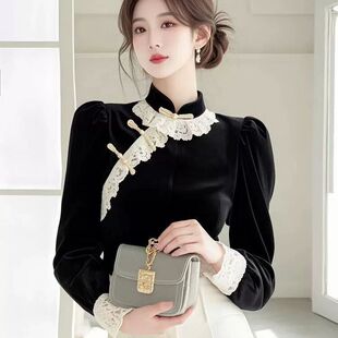 秋冬设计感绝美上衣小香风黑色高级感蕾丝拼接丝绒盘扣长袖衬衫女