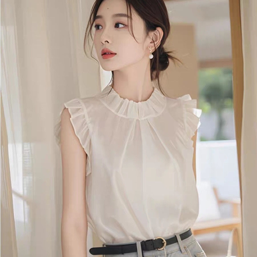 高级感独特别致白色无袖衬衫女2025新款夏季气质雪纺衫小飞袖上衣