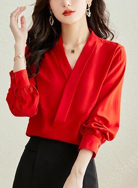 气质洋气雪纺衫红色v领女士衬衫长袖2025春新款外穿上衣显瘦衬衣