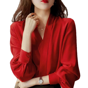 狂飙陈书婷高叶大嫂同款红色雪纺V领衬衫长袖上衣衬衣衣服女春季