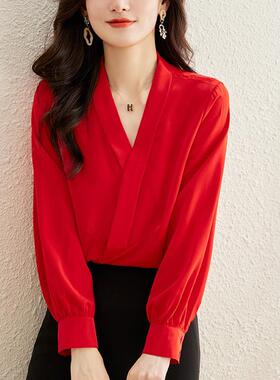 设计感小众法式v领雪纺衬衫女春秋新款红色长袖上衣外穿洋气小衫