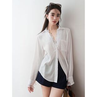 秋季2024简约风长袖宽松衬衫上衣女高级感白色假两件蕾丝拼接西装