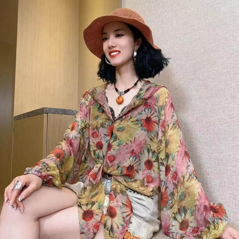 气质太阳花灯笼袖防晒衬衫女文艺复古油画色宽松衬衣长袖洋气上衣