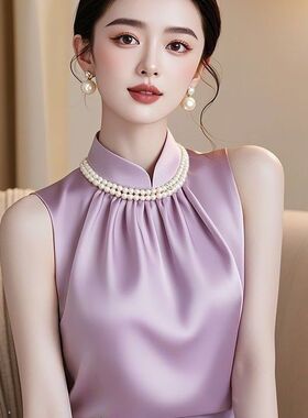 法式小香风白色缎面衬衫女夏季洋气高端欧货时尚独特漂亮无袖上衣