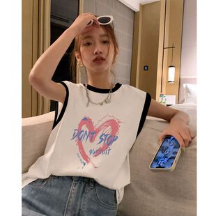 宽松背心潮牌设计感简约上衣 时尚 纯棉印花美式 无袖 t恤女小众夏季