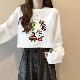 爆款纯棉短款长袖T恤女秋新款宽松印花上衣外穿chic简约可爱通勤