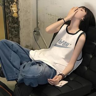 潮牌夏季 新款 t恤女款 個性 休閑寬松小眾背心上衣ins風 美式 純棉無袖