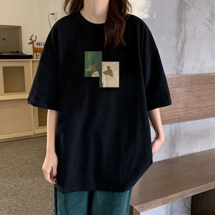 ins宽松学生韩版 纯棉短袖 t恤女甜酷夏季 设计感宽松超火上衣