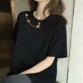 爆款 T恤宽松显瘦上衣 气质设计感满天星亮片短袖 春夏季 女士中长款