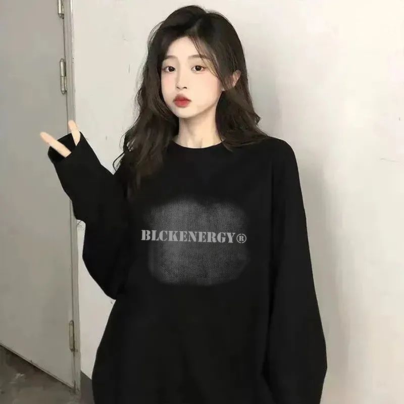 春秋季黑色辣妹显瘦上衣女韩版宽松长袖T恤港风街头外穿打底衫潮