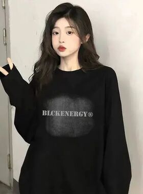春秋季黑色辣妹显瘦上衣女韩版宽松长袖T恤港风街头外穿打底衫潮