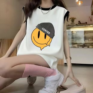 女款 上衣女 高级感ins风小众拼接休闲风背心纯棉无袖 T恤宽松中长款