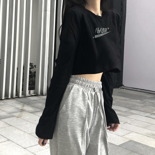 宽松显瘦慵懒微胖遮肉短款 辣妹ins上衣服 新款 初秋纯欲风t恤女长袖