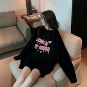 纯棉长袖 设计感黑色新款 中长款 t恤女士满天星亮片显瘦上衣印花ins