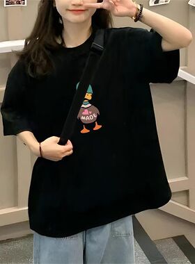 甜美清新纯棉黑色短袖T恤女生夏季新款休闲百搭五分袖上衣服ins潮