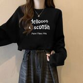 T恤女春秋圆领打底衫 纯棉百搭宽松短款 长袖 潮黑色字母印花上衣服