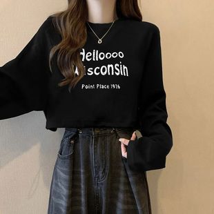 纯棉百搭宽松短款长袖T恤女春秋圆领打底衫潮黑色字母印花上衣服