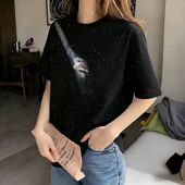 春夏季 上衣 宽松显瘦休闲风韩版 复古高级感满天星亮片短袖 t恤女款