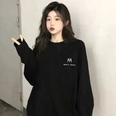 t恤女装 打底衫 春秋季 纯棉长袖 2025新款 圆领宽松上衣服印花ins潮流