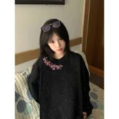 T恤女生春秋薄款 纯棉美式 长袖 宽松满天星亮片设计感小众黑色上衣