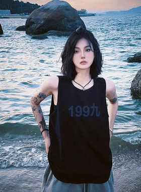 黑色宽松无袖印花背心T恤女2025夏季新款ins美式运动设计感上衣潮