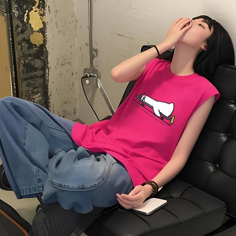 简约时尚玫红色纯棉无袖T
