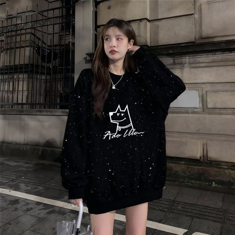 亮片印花原宿风圆领卫衣女秋冬新款韩版加绒宽松满天星百搭上衣潮