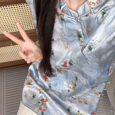 伊敏YIMIN【蓝宝葫芦 】新中式奥黛改良国风中长款缎面无袖上衣