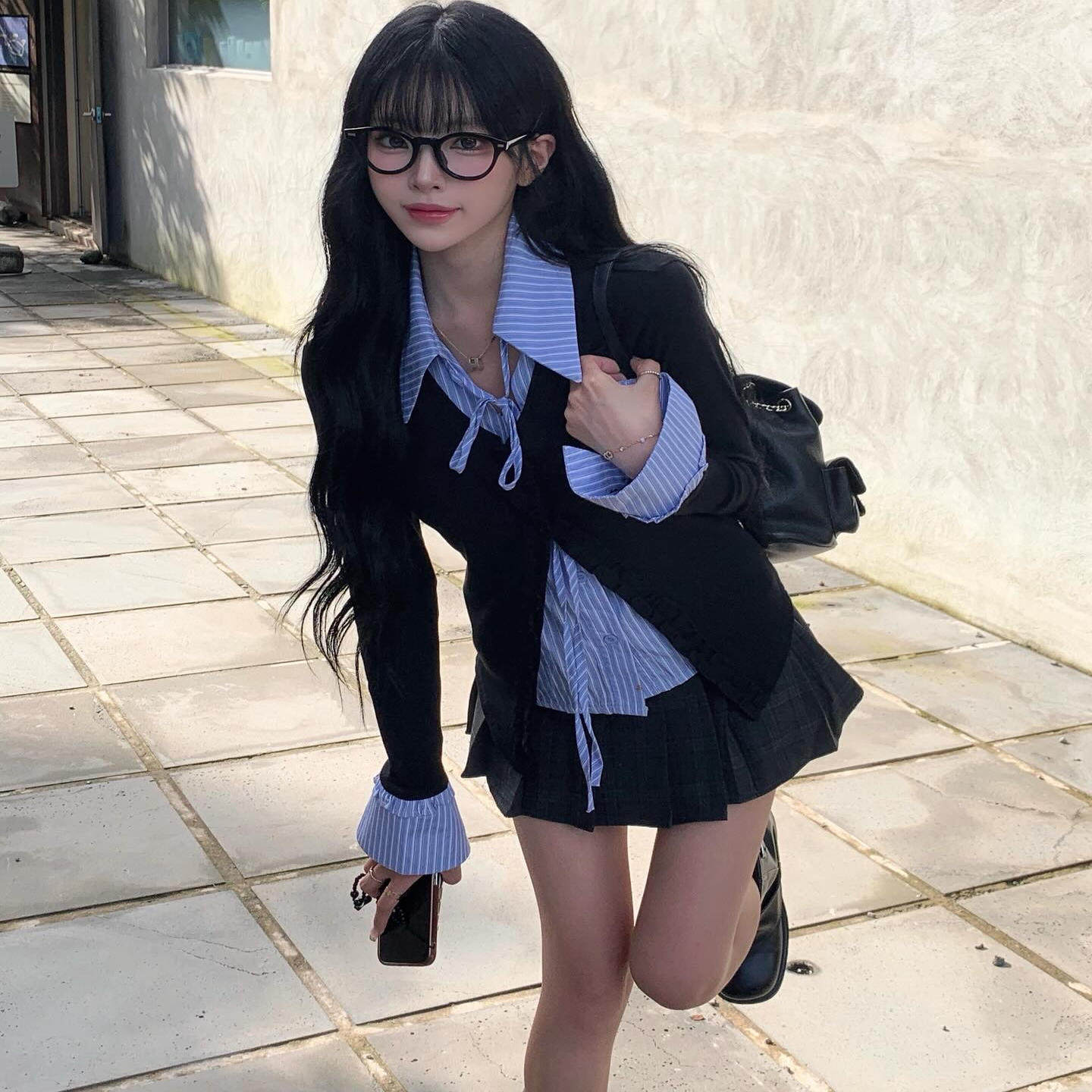 韩国爱豆私服学院风高智感书呆子条纹衬衫针织百褶裙短裙套装