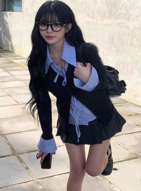 韩国爱豆私服学院风高智感书呆子条纹衬衫针织百褶裙短裙套装
