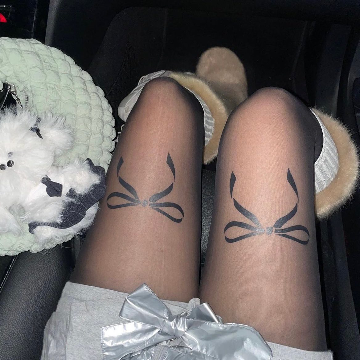 Newjeans韩国爱豆同款蝴蝶结图案tatoo纹身线条透明连裤袜丝袜