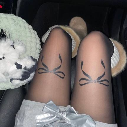 Newjeans韩国爱豆同款蝴蝶结图案tatoo纹身线条透明连裤袜丝袜