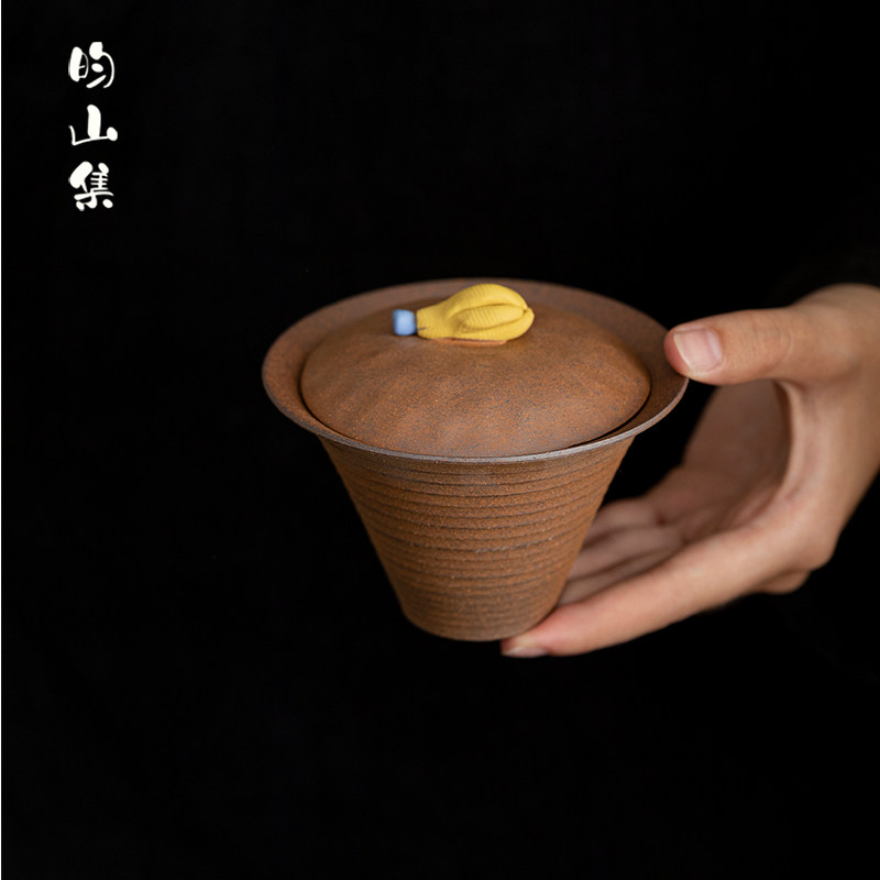 粗陶老岩泥二才盖碗创意手作佛手瓜家用复古陶瓷泡茶碗不烫手茶具