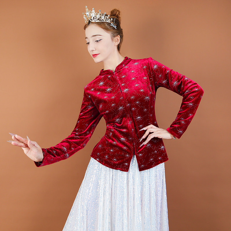 新疆舞上衣金丝绒刺绣亮片舞蹈服