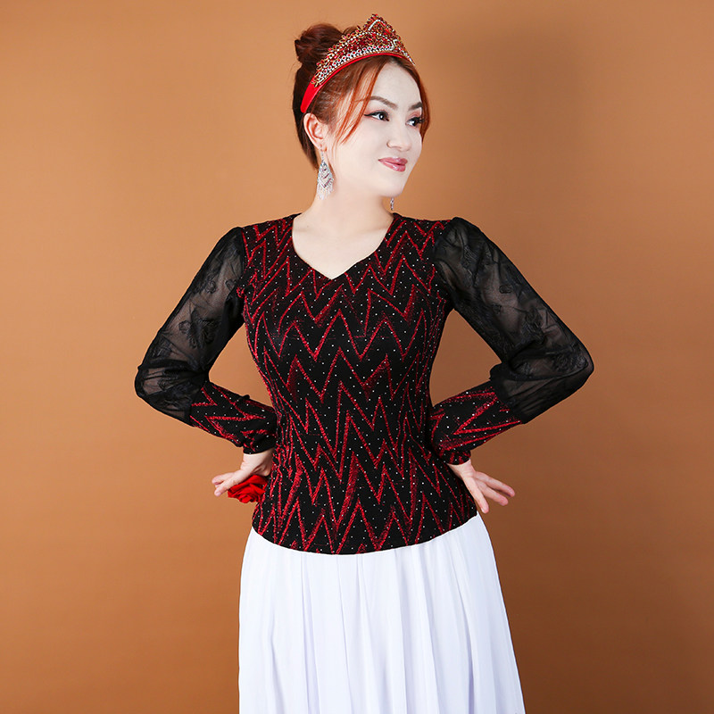 新疆舞蹈演出服上衣女烫钻款修身广场舞蹈打底衫民族风维族舞服装
