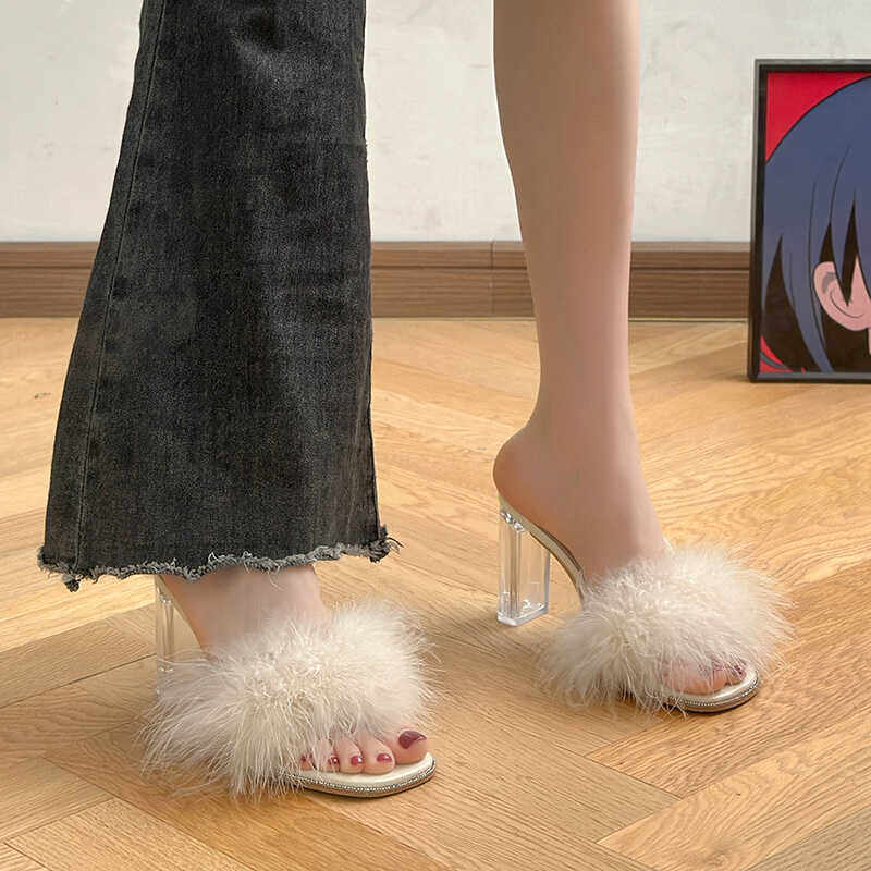 仙女风毛毛拖鞋女外穿2024年新款夏季透明一字带水晶粗高跟凉拖鞋,女鞋,一字拖,淘宝优惠券,粉丝福利购,淘宝优惠卷