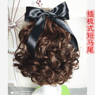 新款时尚蝴蝶结仿真发女假发发梳马尾片卷短款小波浪蓬松梨花款