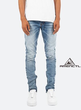 Mnml 蓝色猫须水洗修身小脚侧边拉链牛仔裤男新品现货FOG风格