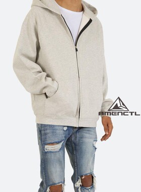 Mnml 灰色加绒秋冬宽松纯棉落肩连帽开衫拉链短款套头卫衣男现货