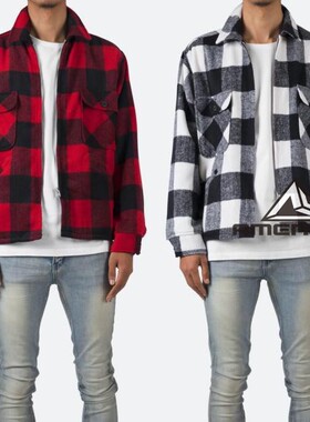 Mnml 红黑色格子毛呢拉链外套宽松短款冬季休闲夹克新品FOG风格