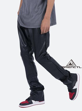 Mnml 喇叭仿皮牛仔裤男黑色常规秋冬季FOG风格拼布宽松休闲裤新品