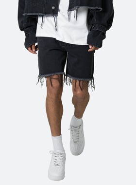 Mnml 黑色高街复古夏季宽松直筒偏短款磨边牛仔短裤男新品