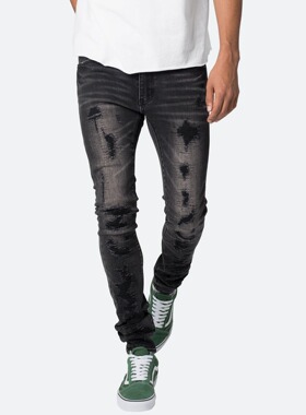 Mnml 做旧黑色破坏破洞长裤四季弹性修身小脚紧身牛仔裤男新品