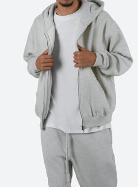 Mnml 淺灰色加绒开衫帽衫纯棉秋冬季宽松运动拉链休闲卫衣男FOG风