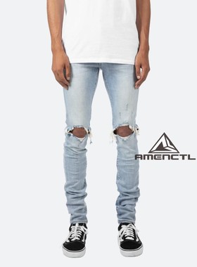 Mnml FOG风格蓝色弹力强紧身修身小脚百搭无拉链破洞牛仔裤男新品