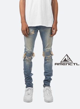 Mnml FOG风格蓝色假破洞破坏机车紧身弹性休闲牛仔裤男款新品现货