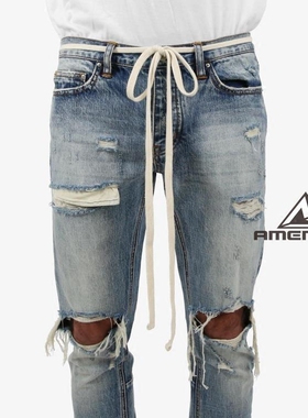 Mnml FOG风格破坏破洞牛仔裤百搭白色松梆腰带抽绳通用现货新品