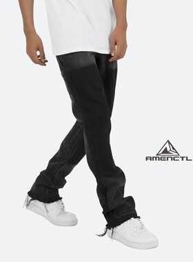 Mnml FOG风格水洗黑拼布撞色常规磨边四季宽松休闲工装喇叭牛仔裤