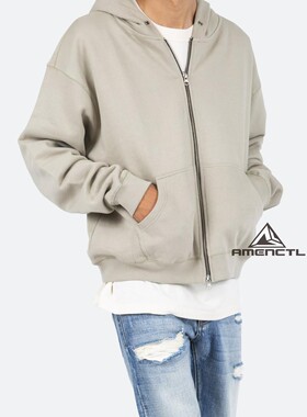 Mnml FOG风格浅绿色拉链秋冬宽松纯棉落肩短款連帽卫衣男现货