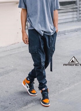 Mnml FOG风格水洗黑色做旧修身收脚薄款棉布飘带休闲工装裤男新品